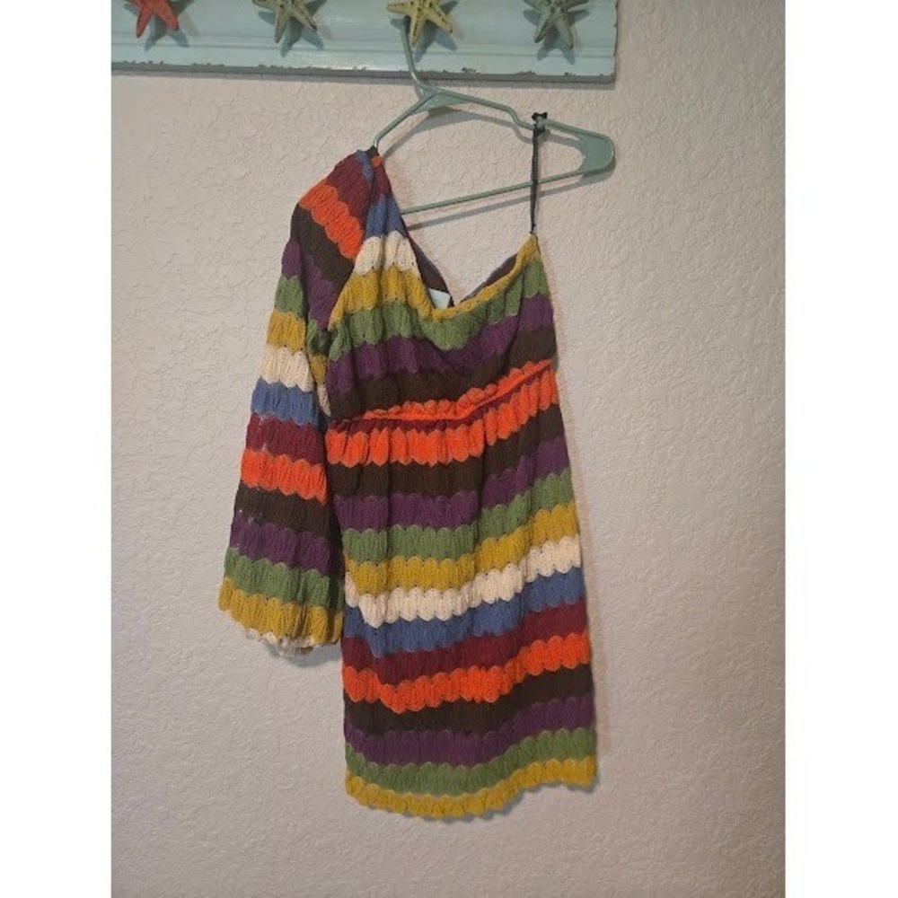 Judith March Multi Color Crochet One Shoulder Bell Sleeve Mini Dress Large